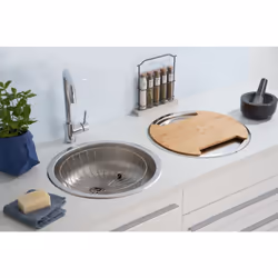 rispetto® Set lavabo rotondo in acciaio inox: incl. Cestino e tagliere incl. Piletta di scarico e troppopieno, valvola, dima ...