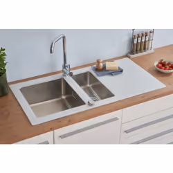 rispetto® Lavabo in vetro premium New York: Lavello in vetro con 2 vasche e gocciolatoio Colore: bianco installazione reversi ...