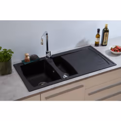 rispetto® Lavello in Mineralite Boston: Lavello con 1,5 vasche e gocciolatoio Colore: nero< /li> installazione reversibile / ...