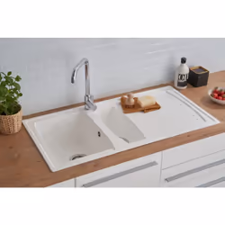 rispetto® Lavello in Mineralite Boston: Lavello con 1,5 vasche e gocciolatoio Colore: bianco < li>Installabile in modo altern ...