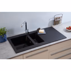 Respekta® Lavello Mineralite Denver: Lavello con 1,5 vasche e gocciolatoio Colore: nero Installazione reversibile/reversibile ...