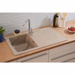 rispetto® Lavello in Mineralite Boston: Lavello con 1 vasca e gocciolatoio Colore: beige sabbia < li>installazione reversibil ...
