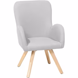 Poltroncina in tessuto grigio chiaro. Una poltroncina minimalistica e dal gusto scandinavo che ben si addice a interni in sti ...