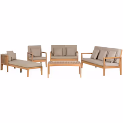 Elegante set da giardino in legno con cuscini grigi. Questo splendido set per esterni è composto da un lettino da giardino, u ...