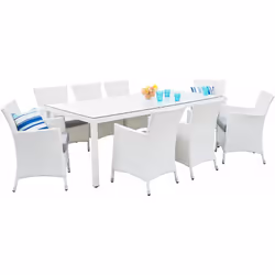Elegante e funzionale set di tavolo e sedie da giardino in rattan bianco. Questo pratico ed elegante set da pranzo è la scelt ...