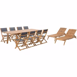Set di tavolo, sedie e lettini da giardino. Questo elegante set di mobili da esterno in legno, composto da 1 tavolo, 8 sedie ...