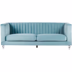 Comodo divano in tessuto vellutato in colore azzurro. Questo divano a 3 posti si adatta bene a interni in stile moderno o tra ...