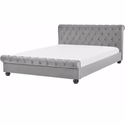 Letto matrimoniale vintage in velluto grigio chiaro. Porta il lusso in camera da letto con questo letto con rete a doghe in s ...