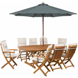 Set da giardino in legno con cuscini bianco sporco con ombrellone Maui