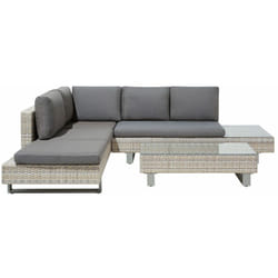 Set da Giardino Divano Angolare Finto Rattan Beige Cuscini Grigi e Tavolino Lanciano