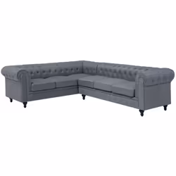 Divano angolare Chesterfield in tessuto grigio trapuntato. Questo divano angolare in stile Chesterfield si adatta a interni d ...