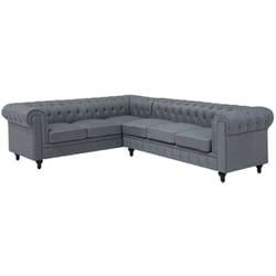 Divano Angolare in Tessuto Grigio Destro Gambe in Legno Scuro a 6 Posti Chesterfield