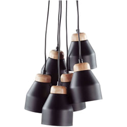 Lampadario in Metallo Nero e Legno con 6 Luci Paralumi a Campana Cestos