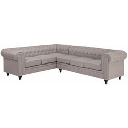 Divano Angolare in Tessuto Beige Destro Gambe in Legno Scuro a 6 Posti Chesterfield