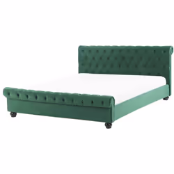 Letto matrimoniale vintage in velluto verde. Porta il lusso in camera da letto con questo letto con rete a doghe in soffice v ...
