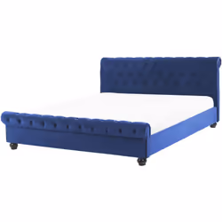 Letto matrimoniale vintage in velluto blu. Porta il lusso in camera da letto con questo letto con rete a doghe in soffice vel ...