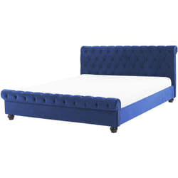 Letto Imbottito in Velluto Blu con Rete a Doghe Gambe Nere 160 x 200 cm Avallon