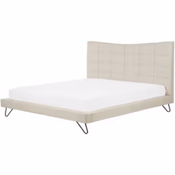 Comodo letto con decorativa testata rivestito in morbido lino beige. Porta l'eleganza in camera da letto con questo letto con ...