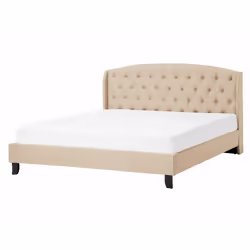 Elegante letto rivestito in tessuto beige con un pattern simile al lino con la testata trapuntata. Rendi la stanza da letto a ...