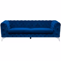 Elegante divano dal design inglese in morbido tessuto blu scuro. Questo divano a 3 posti dona comfort e un stile senza tempo  ...