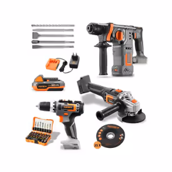 NUOVO SET PowerTool con smerigliatrice angolare, avvitatore a batteria & trapano tassellatore Il pacchetto completo per ogni  ...