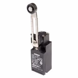 Finecorsa Omron, con le seguenti caratteristiche: Con braccio regolabile R 25-89mm e rotella di plastica Ø17,5mm Contatti: NA ...