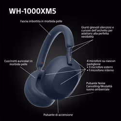 Sony WH-1000XM5 Cuffie wireless con Noise Cancelling, durata della batteria di 30 ore, Bluetooth, ottimizzate per Alexa e Google Assistant, IOS e Android con microfono integrato, Blu Notte - Vista aggiuntiva 6