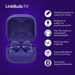 Sony LinkBuds Fit - Cuffie True Wireless Bluetooth con Noise Cancelling - Comfort per tutto il giorno, IPX4, audio ad alta risoluzione, modalità Ambient Sound, durata della batteria fino a 21 ore, connessione Multipoint, iOS e Android - Violet - Vista aggiuntiva 6