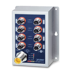 PLANET IP50 Ind 8-P 10/100TX M12 Non gestito Supporto Power over Ethernet (PoE) Blu, Grigio