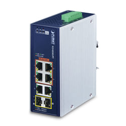 PLANET IP30 Industrial 4-Port Non gestito Gigabit Ethernet (10/100/1000) Supporto Power over Ethernet (PoE) Blu, Bianco