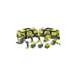 Ryobi - Confezione 6 utensili - Trapano a percussione + avvitatore a impulsi + smerigliatrice da 115 mm + seghetto alternativo + sega circolare +
