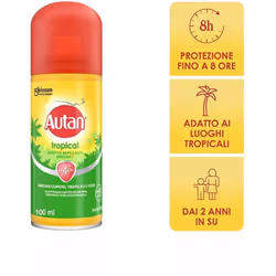 Spray secco antizanzare Autan "Tropical" disponibile nel pratico formato da 100 ml, è un repellente per insetti indicato per ...