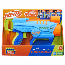 Nerf Elite Jr. Explorer, blaster facile da usare, impugnatura, caricamento e lancio facili, 8 dardi Elite, per bambini e bambine di 6 anni