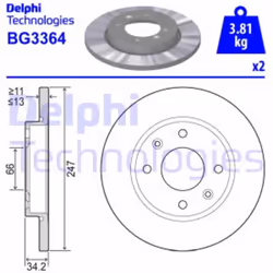 Dischi freno DELPHI BG3364 anteriore, pieno, 2 Pezzo