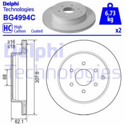 Dischi freno DELPHI BG4994C posteriore, ventilato, pieno, 2 Pezzo