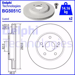 Altezza [mm]: 46.0. Asse di sviluppo: Davanti. Diametro del foro centrale [mm]: 62.0. Diametro esterno [mm]: 282.0. Indice: B ...