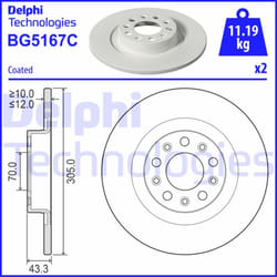 Disco freno DELPHI BG5167C posteriore, pieno, 2 Pezzo