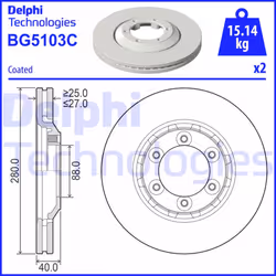 Dischi freno DELPHI BG5103C anteriore, ventilato, 2 Pezzo
