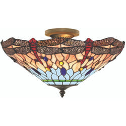 Plafoniera Tiffany Libellula Metallo Ottone Vetro 3 Luci E14