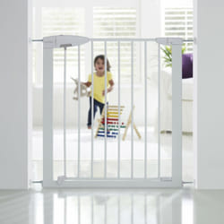 Munchkin - cancelletto di sicurezza per bambini semiautomatico in metallo bianco, L.73/79cm