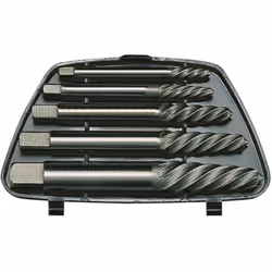 Set di 5 estrattori con taglio sinistro. Per rimuovere viti rotte. Fornito in custodia di plastica.
