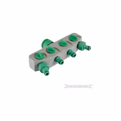 Raccordo a 4 vie Quattro connettori rapidi per tubo di 1/2". Valvola di arresto acqua per ogni sbocco. Converte un rubinetto  ...
