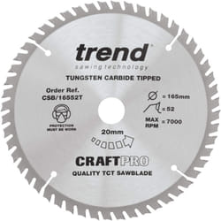 TREND Lama per sega CraftPro a taglio sottile per sega circolare, diametro 165 mm x 52 denti x foro 20 mm, punta in carburo di tungsteno, CSB/16552T