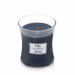 WoodWick Indigo Suede candela di cera Rotondo Ambra, Cypress, Patchouli Blu 1 pz