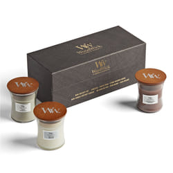 WoodWick Mini Jar Woody Giftset candela di cera Cilindro Legnoso Marrone, Bianco 3 pz