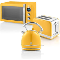 Swan - Retro Colazione Set 1,8 l Bollitore, Tostapane a 2 Fette, Microonde Digitale 20L, 6 Livelli di Potenza, Timer, Porta Effetto Specchio, Design