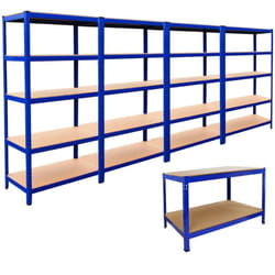 4 Scaffali T-Rax & Banco da Lavoro Q-Rax in Acciaio Senza Bulloni Blu tavolo da lavoro Scaffalature per Garages e Magazzino - Monster Racking