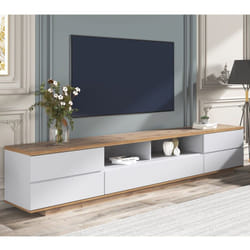 Mobile tv Moderno lucido, Mobile tv 180 cm con ampio vano portaoggetti e design bicolore, ante con funzione soft-close, rovere+bianco