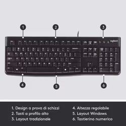 Logitech K120 Tastiera con Cavo per Windows, USB Plug-and-Play, Dimensioni Standard, Resistente agli Schizzi, Barra Spaziatrice Curva, Compatibile con PC, Laptop - Vista aggiuntiva 6