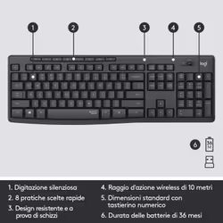 Logitech MK295 Kit Mouse e Tastiera Wireless – Tecnologia SilentTouch, Tastierino Numerico, Tasti Scelta Rapida, Tracciamento Ottico Avanzato, Ricevitore USB Nano, Senza Lag, Meno 90% di Rumore - Vista aggiuntiva 6